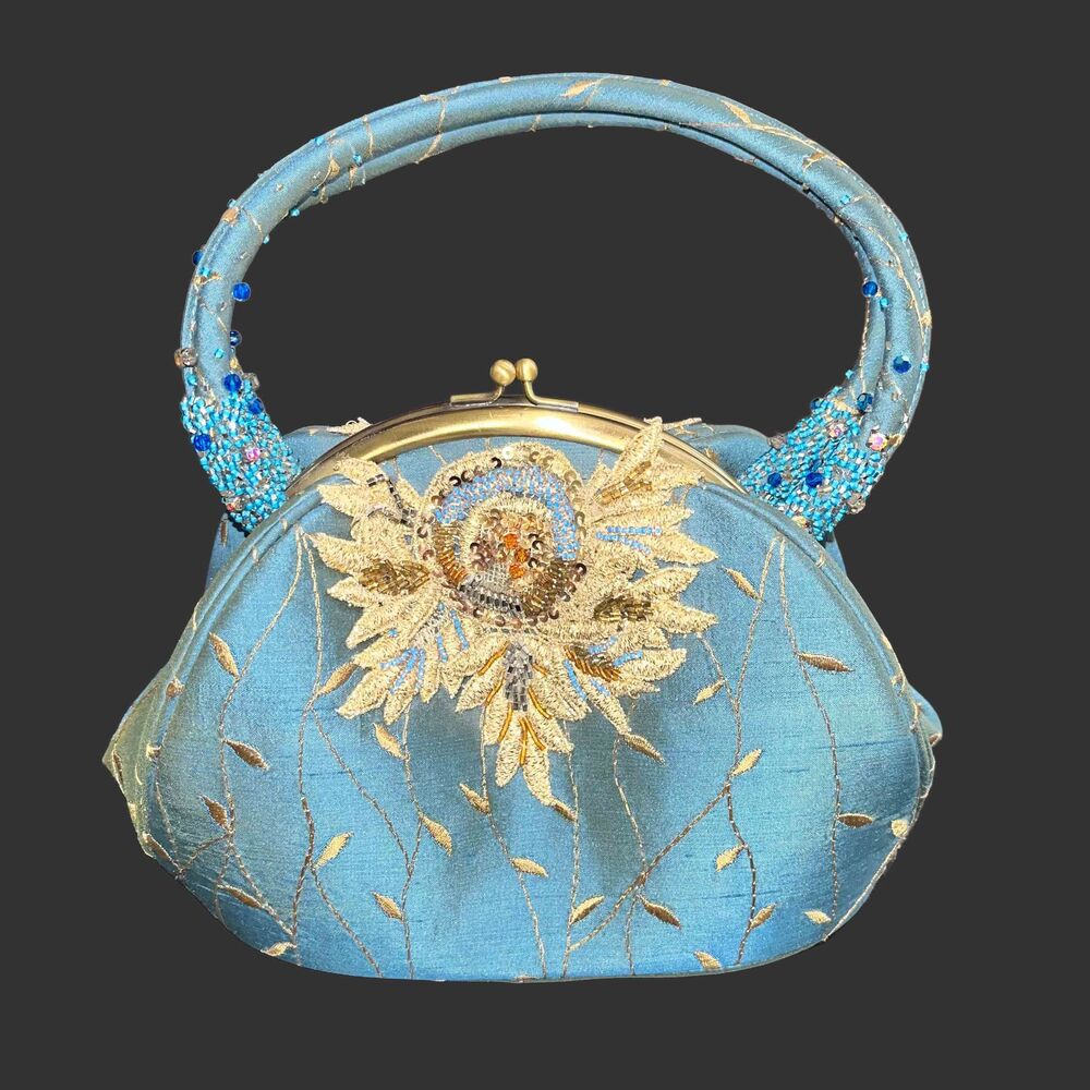 Pat Vini Gorgeous Blue with Gold Appliqué and Embroidery Evening Handbag